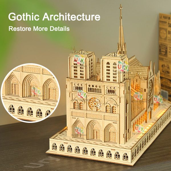 3D Wooden Puzzle: Notre Dame Cathedral & Royal Castle with Lights - Image 4