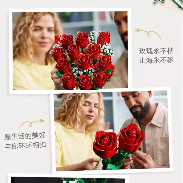 968PC Romantic Rose Flower Bouquet Creative Building Blocks Set - Image 3
